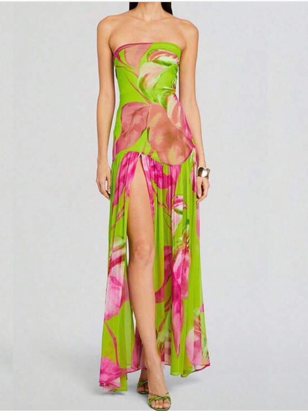 SHEIN Lime Green Strapless Floral Maxi Dress with Pink Print